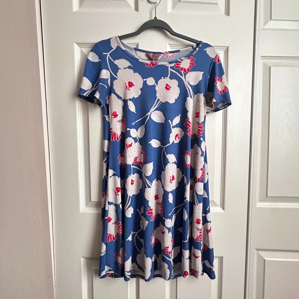 SJS Womens Small Blue White Red Floral A Line Short Sleeve Knit Swing Mini Dress